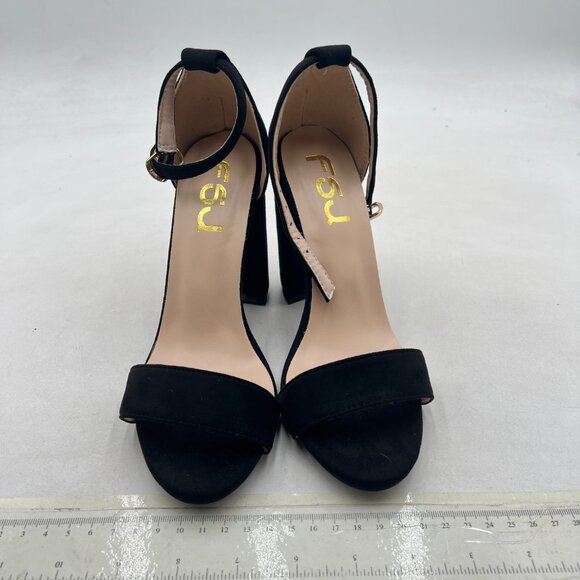 FSJ Black-suede Chunky High Heel Sandals Open Toe Ankle Strap Single Band Shoe - Picture 3 of 8
